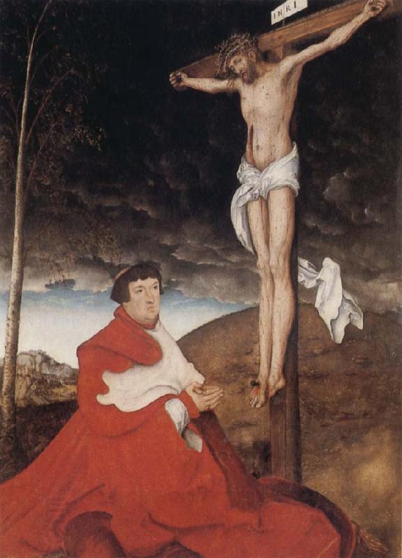 Hans holbein the younger Cardinal Albrecht of Branden-burg before the Crucifiel Christ
